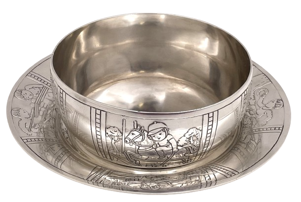Tiffany & Co. Sterling Silver Child Bowl & Underplate with Boys Playing Sports