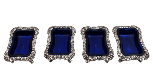 Tiffany & Co. Set of 4 Sterling Silver 1879 Open Salt Cellars with Blue Liners