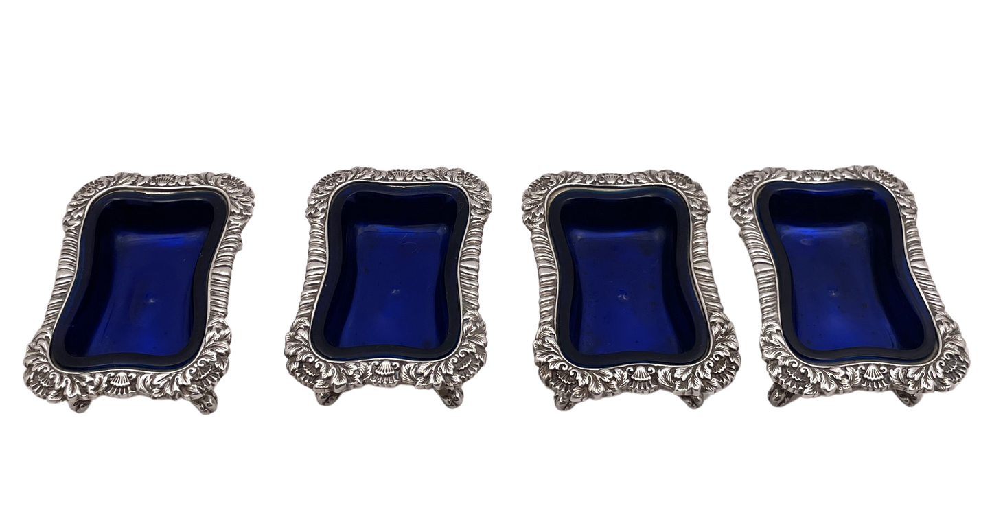 Tiffany & Co. Set of 4 Sterling Silver 1879 Open Salt Cellars with Blue Liners